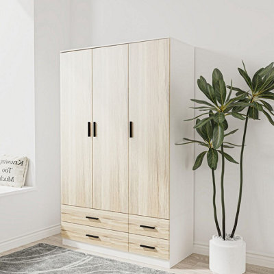 URBNLIVING 180cm Height Oak 3 Door 4 Drawer Wardrobe Storage Shelf Modern Bedroom White Furniture