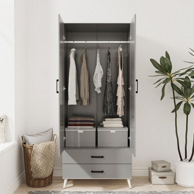 URBNLIVING 180cm Height White Wardrobe with Grey 2 Door 2 Drawer Modern Bedroom Clothes Storage Hanging