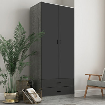 URBNLIVING 180cm Tall 2 Door Wardrobe Ash Grey Carcass and Black Drawers With 2 Drawers Bedroom Storage Hanging Bar Clothes