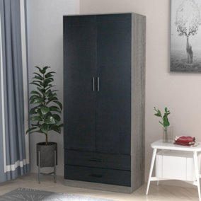 URBNLIVING 180cm Tall 2 Door Wardrobe Ash Grey Carcass and Black Drawers With 2 Drawers Bedroom Storage Hanging Bar Clothes