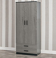 URBNLIVING 180cm Tall 2 Door Wardrobe Black Carcass and Ash Grey Drawers With 2 Drawers Bedroom Storage Hanging Bar Clothes