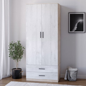URBNLIVING 180cm Tall 2 Door Wardrobe Oak Carcass and Ash Grey Drawers With 2 Drawers Bedroom Storage Hanging Bar Clothes