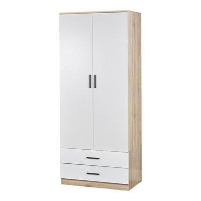 URBNLIVING 180cm Tall 2 Door Wardrobe Oak Carcass and White Drawers With 2 Drawers Bedroom Storage Hanging Bar Clothes