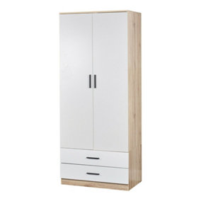 URBNLIVING 180cm Tall 2 Door Wardrobe Oak Carcass and White Drawers With 2 Drawers Bedroom Storage Hanging Bar Clothes