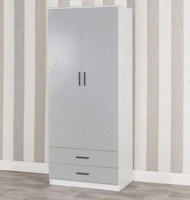 URBNLIVING 180cm Tall 2 Door Wardrobe White Carcass and Grey Drawers With 2 Drawers Bedroom Storage Hanging Bar Clothes