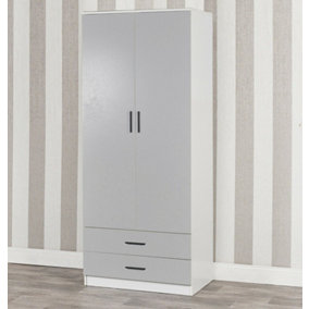 URBNLIVING 180cm Tall 2 Door Wardrobe White Carcass and Grey Drawers With 2 Drawers Bedroom Storage Hanging Bar Clothes