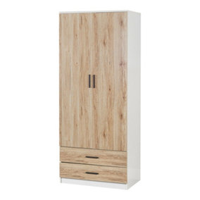 URBNLIVING 180cm Tall 2 Door Wardrobe White Carcass and Oak Drawers With 2 Drawers Bedroom Storage Hanging Bar Clothes