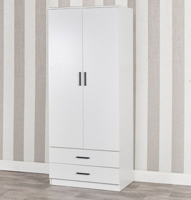 URBNLIVING 180cm Tall 2 Door Wardrobe With 2 Drawers White Carcass and White Drawers Bedroom Storage Hanging Bar Clothes