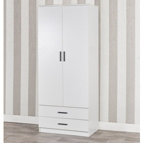 URBNLIVING 180cm Tall 2 Door Wardrobe With 2 Drawers White Carcass and White Drawers Bedroom Storage Hanging Bar Clothes