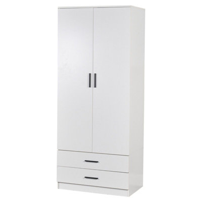 URBNLIVING 180cm Tall 2 Door Wardrobe With 2 Drawers White Carcass and White Drawers Bedroom Storage Hanging Bar Clothes
