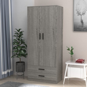 URBNLIVING 180cm Tall Wooden 2 Door Wardrobe Ash Grey Carcass and Ash Grey Drawers With 2 Drawers Bedroom Storage Hanging Bar