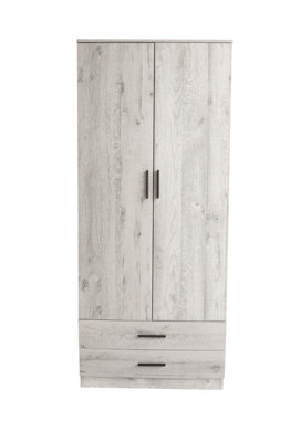 URBNLIVING 180cm Tall Wooden 2 Door Wardrobe Ash Grey Carcass and Ash Grey Drawers With 2 Drawers Bedroom Storage Hanging Bar
