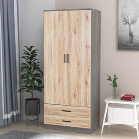 URBNLIVING 180cm Tall Wooden 2 Door Wardrobe Ash Grey Carcass and Oak Drawers With 2 Drawers Bedroom Storage Hanging Bar Clothes