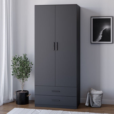 URBNLIVING 180cm Tall Wooden 2 Door Wardrobe Black Carcass and Black Drawers With 2 Drawers Bedroom