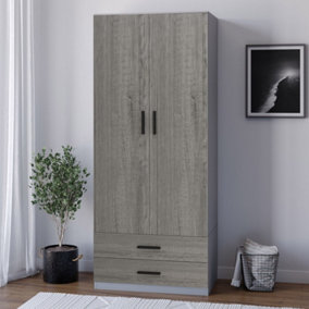URBNLIVING 180cm Tall Wooden 2 Door Wardrobe Grey Carcass and Ash Grey Drawers With 2 Drawers Bedroom Storage Hanging Bar Clothes