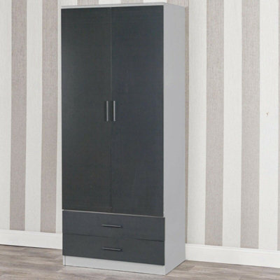 URBNLIVING 180cm Tall Wooden 2 Door Wardrobe Grey Carcass and Black Drawers With 2 Drawers Bedroom Storage Hanging Bar Clothes