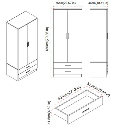 URBNLIVING 180cm Tall Wooden 2 Door Wardrobe Grey Carcass