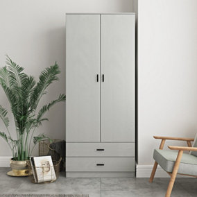 URBNLIVING 180cm Tall Wooden 2 Door Wardrobe Grey Set Drawers With 2 Drawers Bedroom Storage Hanging Bar Clothes