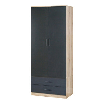 URBNLIVING 180cm Tall Wooden 2 Door Wardrobe Oak Carcass and Black Drawers With 2 Drawers Bedroom Storage Hanging Bar Clothes