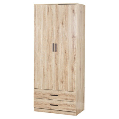 URBNLIVING 180cm Tall Wooden 2 Door Wardrobe Oak Carcass and Oak Drawers With 2 Drawers Bedroom Storage Hanging Bar Clothes