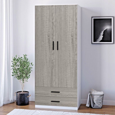 URBNLIVING 180cm Tall Wooden 2 Door Wardrobe White Carcass and Ash Grey Drawers With 2 Drawers Bedroom Storage Hanging Bar Clothes