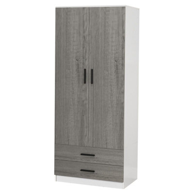 URBNLIVING 180cm Tall Wooden 2 Door Wardrobe White Carcass and Ash Grey Drawers With 2 Drawers Bedroom Storage Hanging Bar Clothes