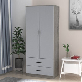 URBNLIVING 180cm Tall Wooden 2 Door Wardrobe With 2 Drawers Ash Grey Carcass and Grey Drawers Bedroom Storage Hanging Bar Clothes