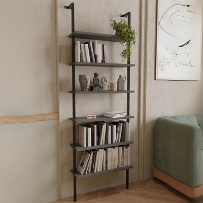 URBNLIVING 183cm Height 6-Shelf Wall Mounted Anthracite Wooden Bookshelf With Metal Frame Living Room Display Unit