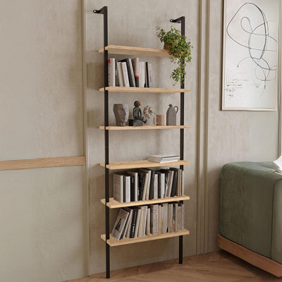 URBNLIVING 183cm Height 6-Shelf Wall Mounted Sapphire Oak Wooden Bookshelf With Metal Frame Living Room Display Unit