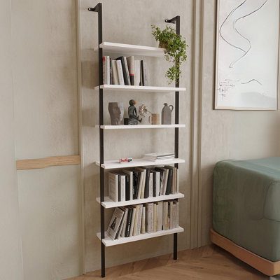 URBNLIVING 183cm Height 6-Shelf Wall Mounted White Wooden Bookshelf With Metal Frame Living Room Display Unit