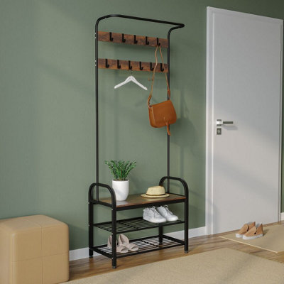URBNLIVING 183cm Height Entryway Hallway Coat Hanger Hooks Stand & Shoe Bench Storage Display Rack Unit Black & Rustic Oak - 3
