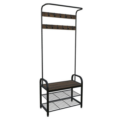 URBNLIVING 183cm Height Entryway Hallway Coat Hanger Hooks Stand & Shoe Bench Storage Display Rack Unit Black & Rustic Oak - 4