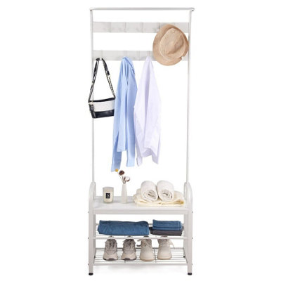 URBNLIVING 183cm Height White Entryway Hallway Coat Hanger Hooks Stand & Shoe Bench Storage Display Rack Unit