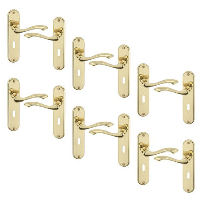 URBNLIVING 184mm Length 12 Pcs Kensington Metal & Polished Brass Lever Latch Door Keyhole Handle Set