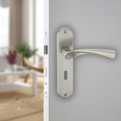 URBNLIVING 184mm Length 2 Pcs Lyon Metal & Satin Nickel Lever Latch Door Keyhole Handles Set