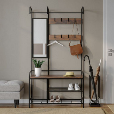 URBNLIVING 186cm Height Entryway Hallway Coat Hanger Stand & Shoe Bench Storage Display Rack with Mirror Black & Rustic Oak
