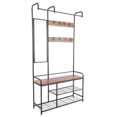 URBNLIVING 186cm Height Entryway Hallway Coat Hanger Stand & Shoe Bench Storage Display Rack with Mirror Black & Rustic Oak