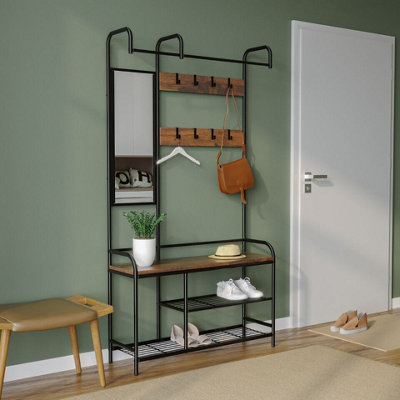 URBNLIVING 186cm Height Entryway Hallway Coat Hanger Stand & Shoe Bench Storage Display Rack with Mirror Black & Rustic Oak - 3