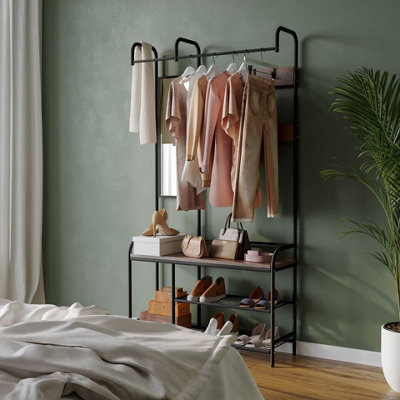 URBNLIVING 186cm Height Entryway Hallway Coat Hanger Stand & Shoe Bench Storage Display Rack with Mirror Black & Rustic Oak - 4
