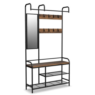 URBNLIVING 186cm Height Entryway Hallway Coat Hanger Stand & Shoe Bench Storage Display Rack with Mirror Black & Rustic Oak - 5