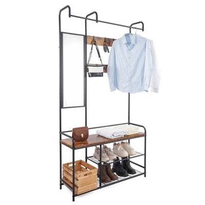 URBNLIVING 186cm Height Entryway Hallway Coat Hanger Stand & Shoe Bench Storage Display Rack with Mirror Black & Rustic Oak - 6