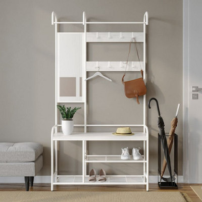 URBNLIVING 186cm Height White Entryway Hallway Coat Hanger Stand & Shoe Bench Storage Display Rack with Mirror