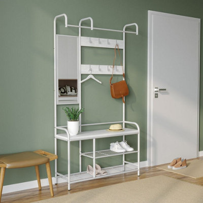URBNLIVING 186cm Height White Entryway Hallway Coat Hanger Stand & Shoe Bench Storage Display Rack with Mirror - 3