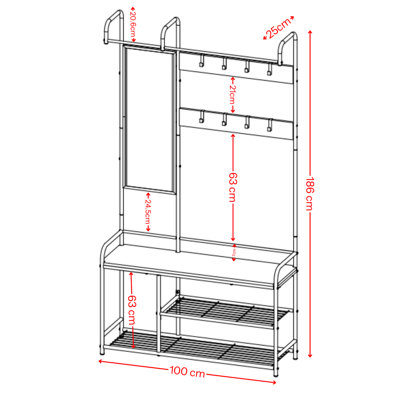 URBNLIVING 186cm Height White Entryway Hallway Coat Hanger Stand & Shoe Bench Storage Display Rack with Mirror - 5