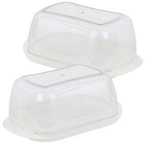 URBNLIVING 18cm Width Clear Plastic Butter Cheese Dish Tray with Lid Holder Kitchen Serving Container 2 Pcs