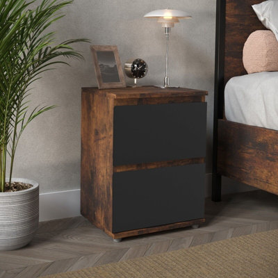 URBNLIVING 2 Drawer Rustic Brown Carcass with Black Drawers Wooden Bedroom Bedside Cabinet No Handle Nightstand Side Table