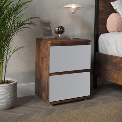 URBNLIVING 2 Drawer Rustic Brown Carcass with Grey Drawers Wooden Bedroom Bedside Cabinet No Handle Nightstand Side Table