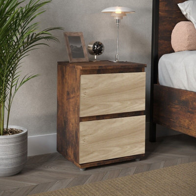URBNLIVING 2 Drawer Rustic Brown Carcass with Oak Drawers Wooden Bedroom Bedside Cabinet No Handle Nightstand Side Table
