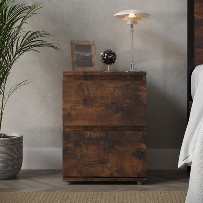 URBNLIVING 2 Drawer Rustic Brown Carcass with Rustic Brown Drawers Wooden Bedroom Bedside Cabinet No Handle Nightstand Side Table