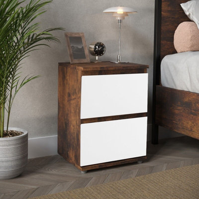 URBNLIVING 2 Drawer Rustic Brown Carcass with White Drawers Wooden Bedroom Bedside Cabinet No Handle Nightstand Side Table